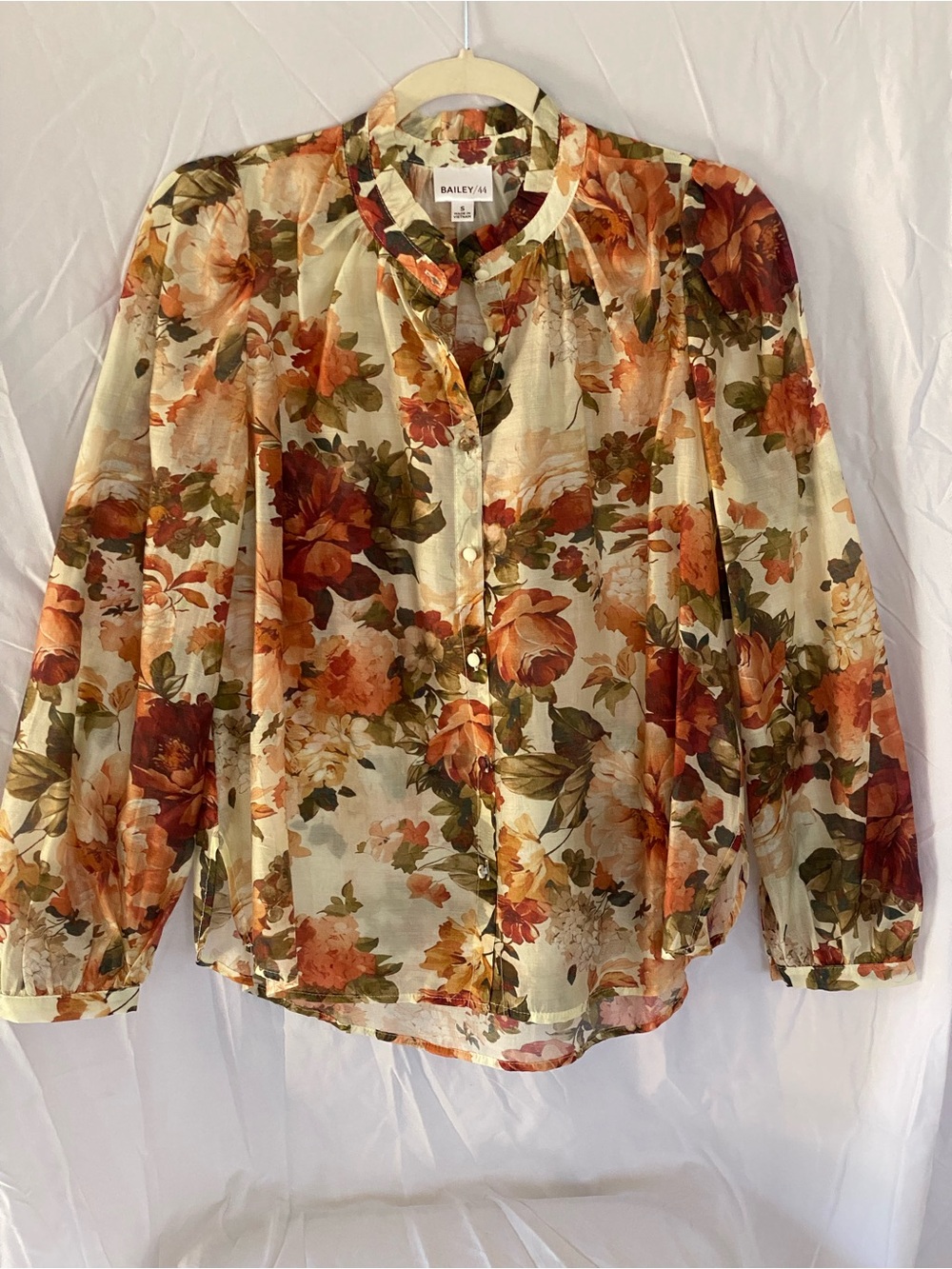 Bailey 44 Sheer Floral Button-Down Blouse in Cream, Orange and Brown